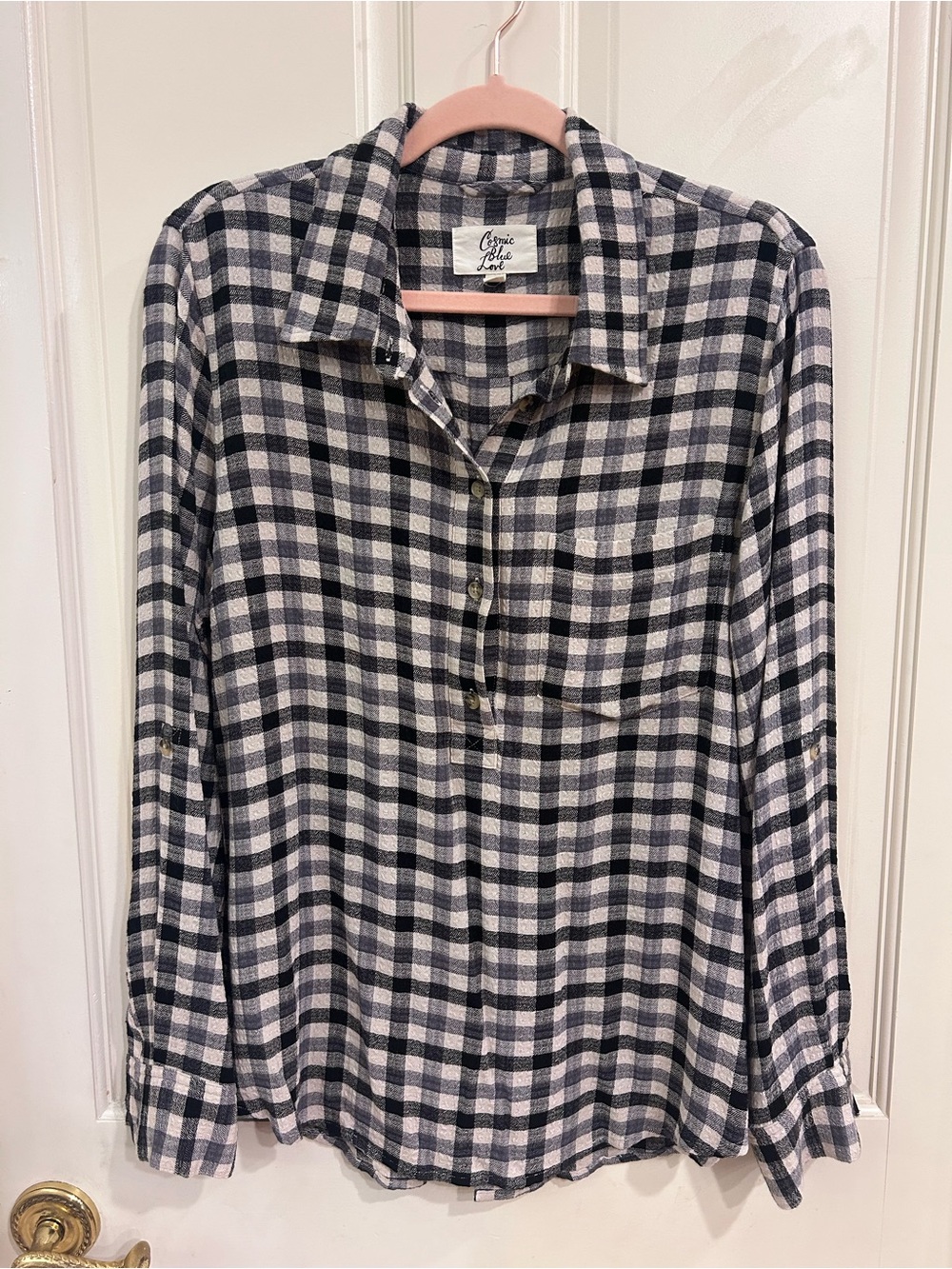 Cosmic Blue Love Gingham Button-Down Shirt Black White — Women's M